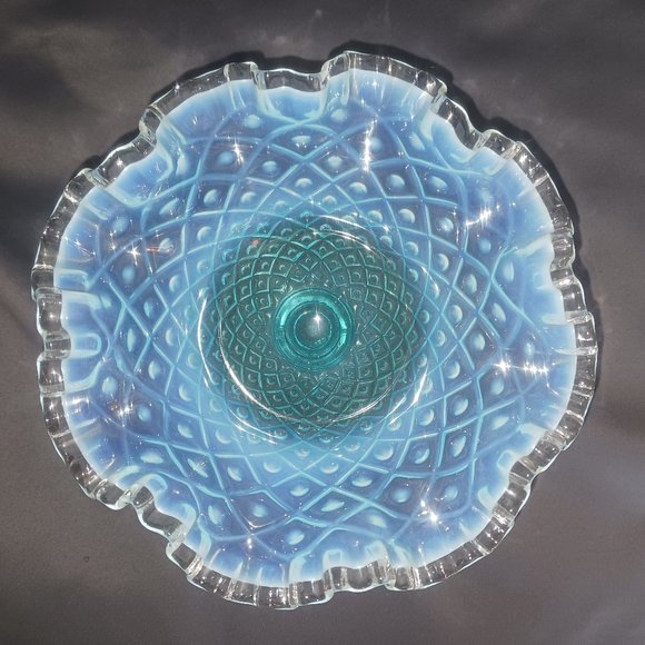 Vintage Fenton Diamond Lace Blue Opalescent Ruffle Top Pedestal Bowl - Picture 2 of 7
